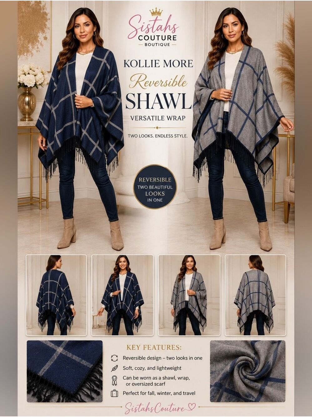 Kollie More | Reversible Shawl | Versatile Wrap | Gray & Navy Blue - Picture 2 of 6